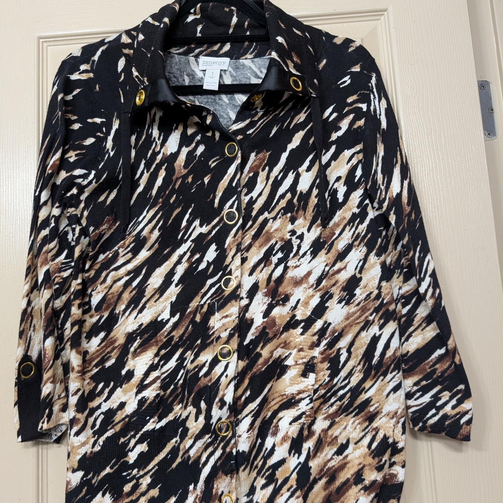 Chico's Zenergy Black and Brown Lightweight Shirt Jacket 3/4 length sleeves